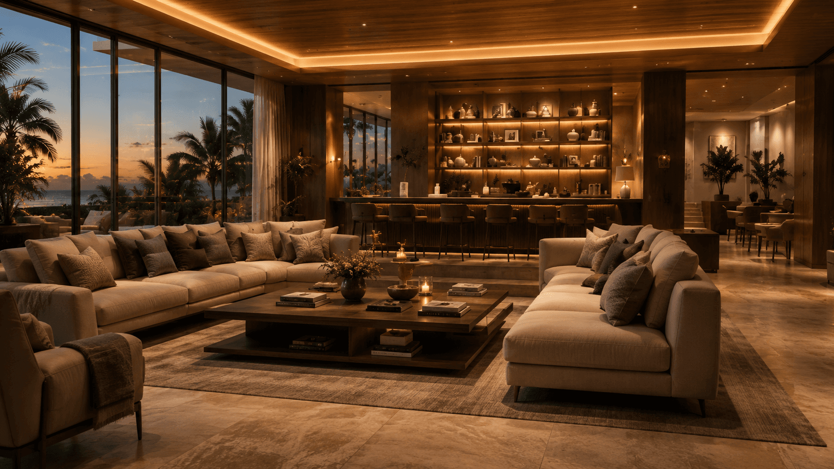 Furnished lounge with layered lighting